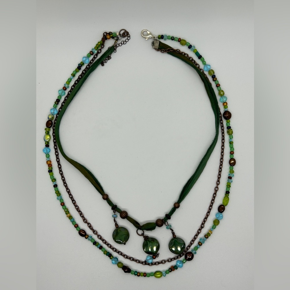 Bohemian Silk, Brass and Beaded Green toned necklace with lobster claw closure